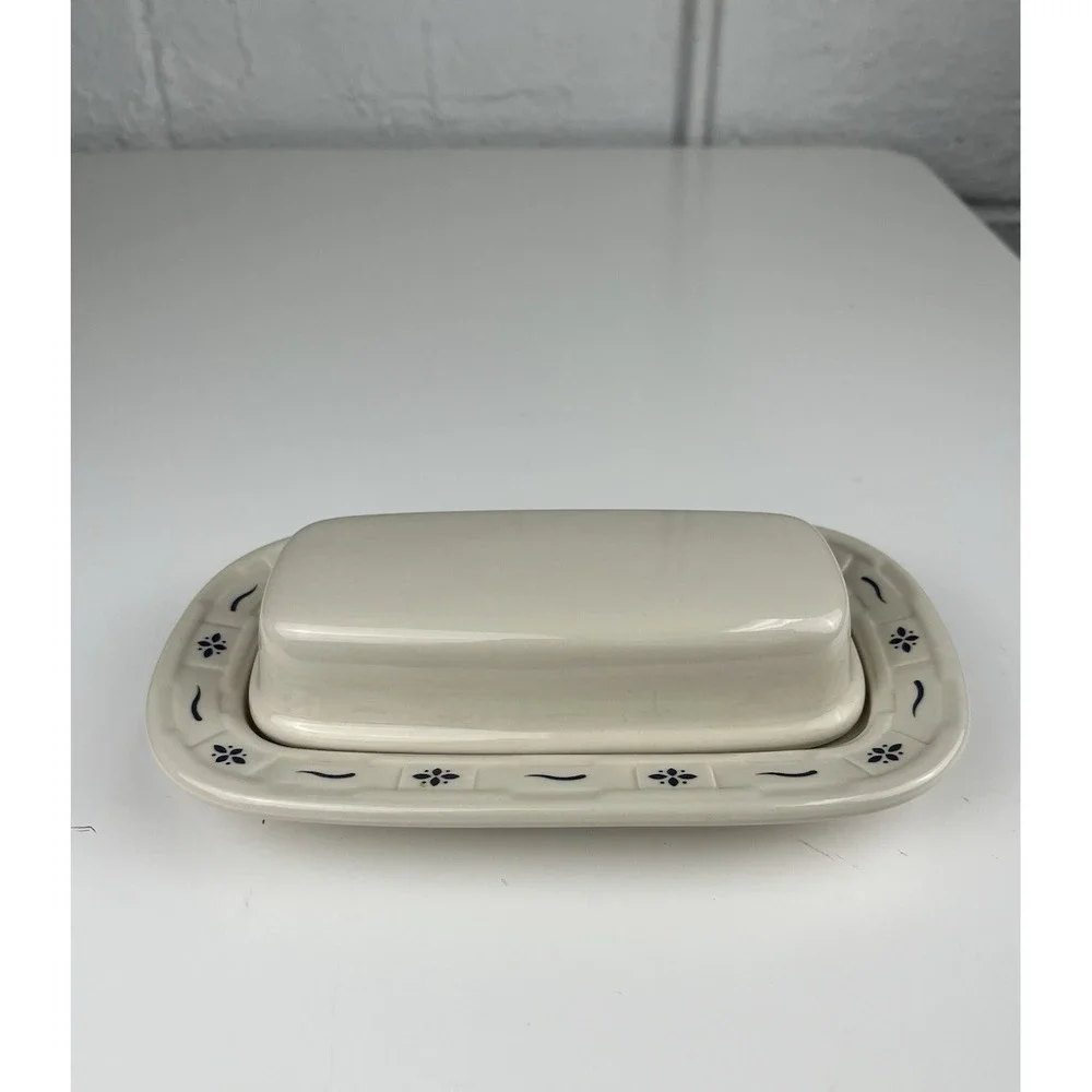 LONGABERGER Pottery Covered Butter Dish Woven Traditions Classic Blue 1997 USA